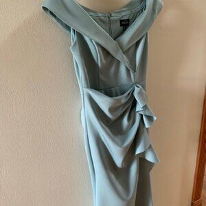 XSCAPE SCUBA OFF THE SHOULDER GOWN. SAGE  SIZE 12. NO ALTERATIONS HAVE BEEN DONE